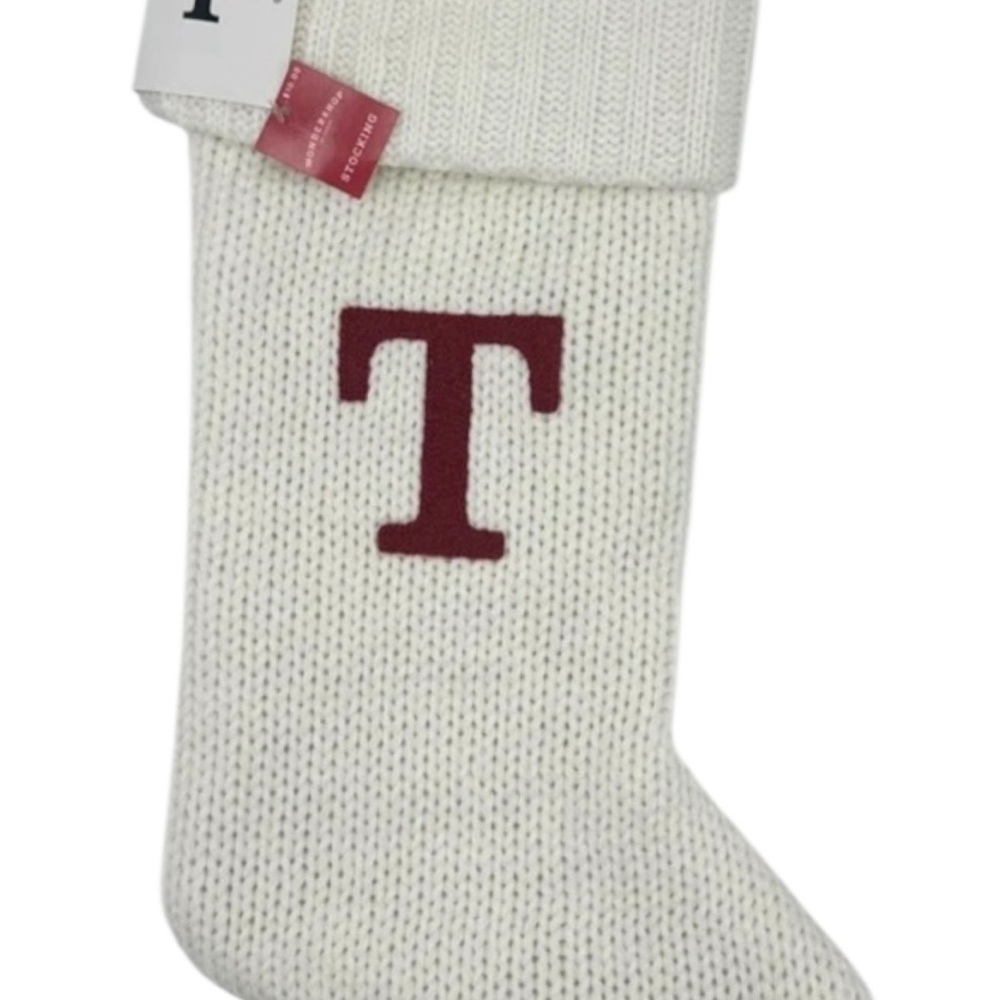 White Knit Stocking with Red T Initial